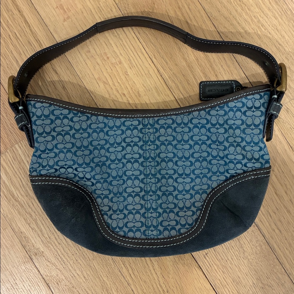 Coach Blue Signature Canvas Shoulder Bag with Suede Trim - Picture 2 of 10